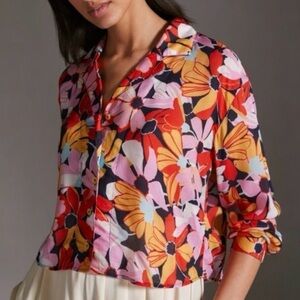 Anthropologie Maeve Cropped Blouse Size M Floral Button Down Long Sleeve